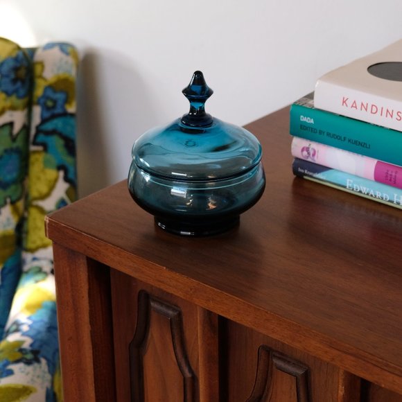 Mid Century Modern Blue Glass Candy Dish